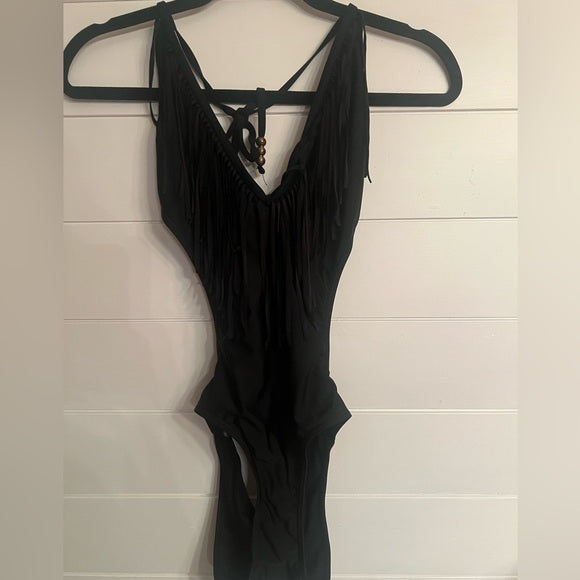 Forever 21 Fringe One Piece Black Swimsuit Medium