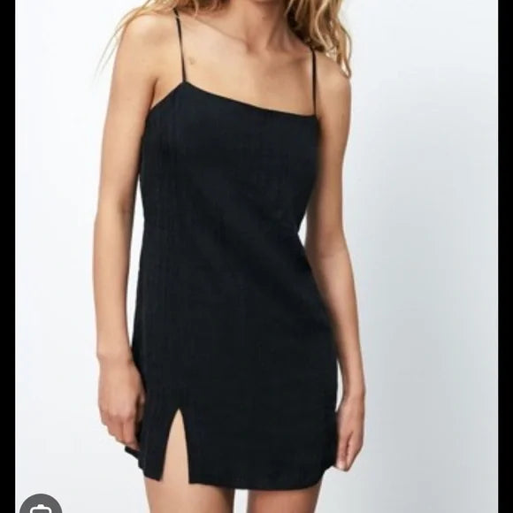 Zara Black Slip Mini Dress Crinkle Satin with Slit Size XS