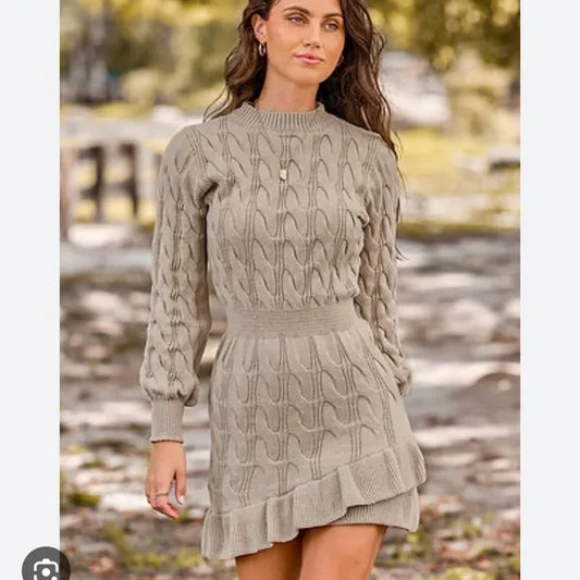 Cupshe Khaki High Neck Long Sleeve Asymmetrical Hem Mini Sweater Dress