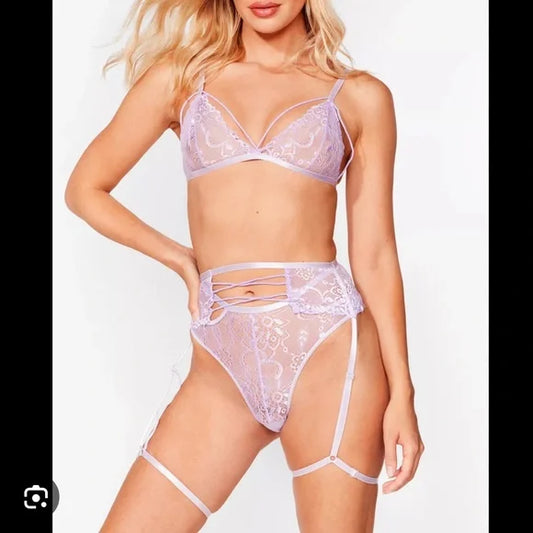 Nasty Gal Lace Talk About You and Me Lace-Up 3 Pc Set PINK M