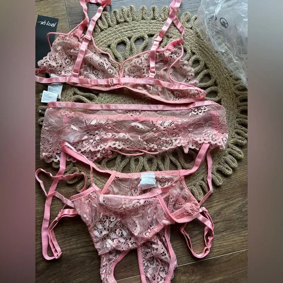 Nasty Gal Lace Talk About You and Me Lace-Up 3 Pc Set PINK M