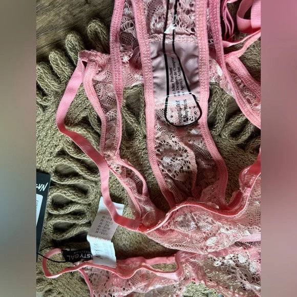 Nasty Gal Lace Talk About You and Me Lace-Up 3 Pc Set PINK M