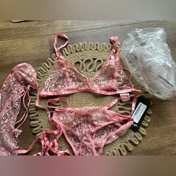 Nasty Gal Lace Talk About You and Me Lace-Up 3 Pc Set PINK M