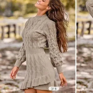 Cupshe Khaki High Neck Long Sleeve Asymmetrical Hem Mini Sweater Dress