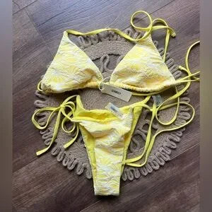 SEAMOLLY CONTRAST COLOR JACQUARD HALTER TRIANGLE TIE SIDE BIKINI SET SMALL