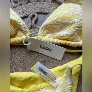 SEAMOLLY CONTRAST COLOR JACQUARD HALTER TRIANGLE TIE SIDE BIKINI SET SMALL