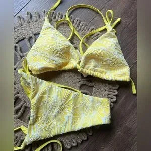 SEAMOLLY CONTRAST COLOR JACQUARD HALTER TRIANGLE TIE SIDE BIKINI SET SMALL